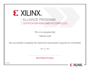 Xilinx Alliance Program Certification certificate for Dr. Hamish Laird